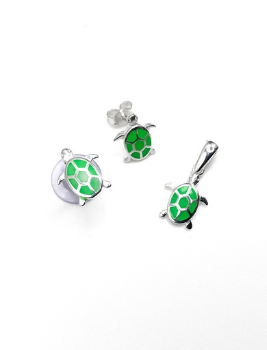 [S0080] Juegos plata tortuga esmaltada verde a presion