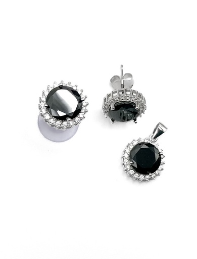 [S0081] Juegos plata redondo piedra negra a presion