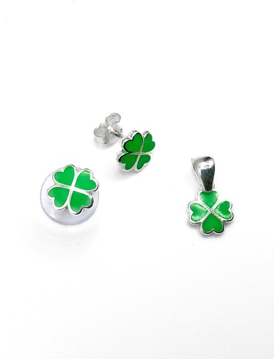 [S0086] Juegos plata trebol esmaltado verde a presion