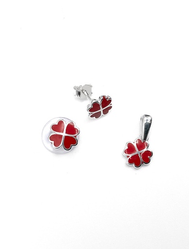[S0088] Juegos plata trebol esmaltado rojo a presion
