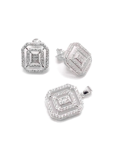 [S0091] Juegos plata cuadrado circon blanco a presion