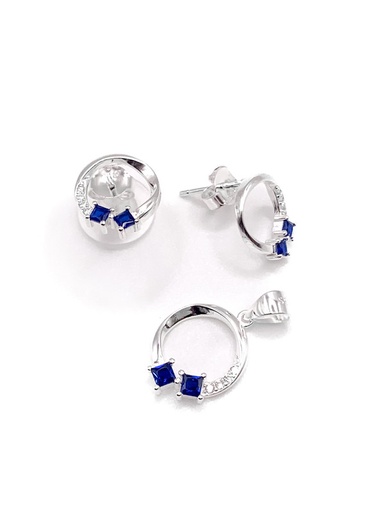 [S0098] Juegos plata circulo liso piedra azul central a presion