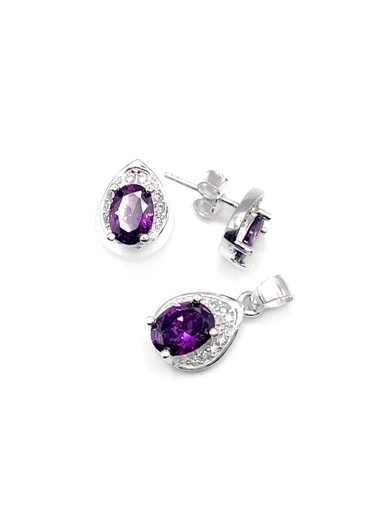 [S0108] Juegos plata ovalado con circon morado a presion