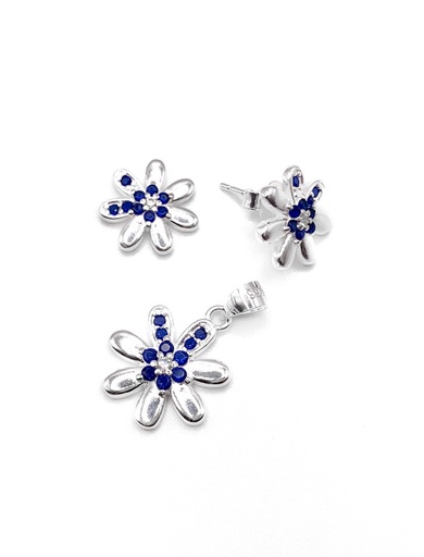[S0115] Juegos plata flor lisa circon azul a presion