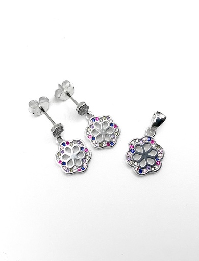 [S0121] Juegos plata flor circon multicolor a presion