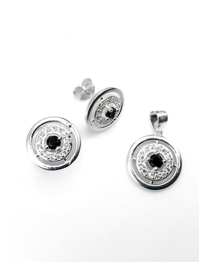 [S0129] Juegos plata redondo piedra negra central a presion