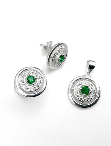 [S0130] Juegos plata redondo piedra verde central a presion