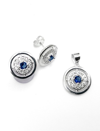 [S0131] Juegos plata redondo piedra azul central a presion