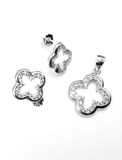 [S0133] Juegos plata flor bisel circon blanco a presion