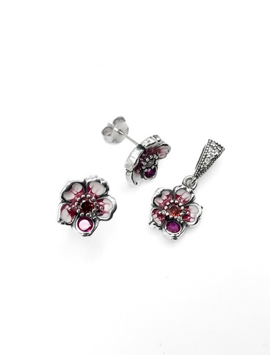 [S0177] Juegos plata flor esmaltada fuccia a presion
