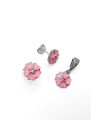 [S0180] Juegos plata flor esmaltada rosada a presion