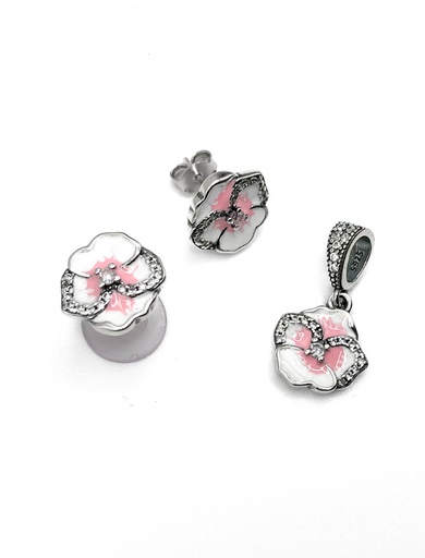 [S0188] Juegos plata flor esmaltada pensamiento rosada a presion