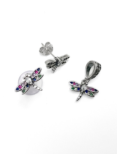 [S0190] Juegos plata libelula piedra multicolor a presion