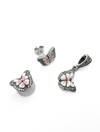 [S0199] Juegos plata mariposa esmaltada rosada a presion