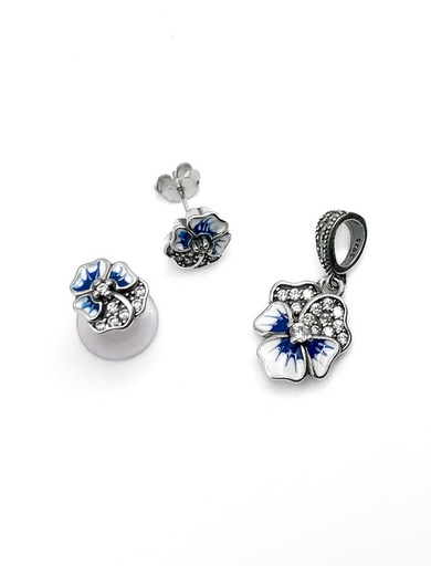 [S0201] Juegos plata flor pensamiento esmaltada azul a presion