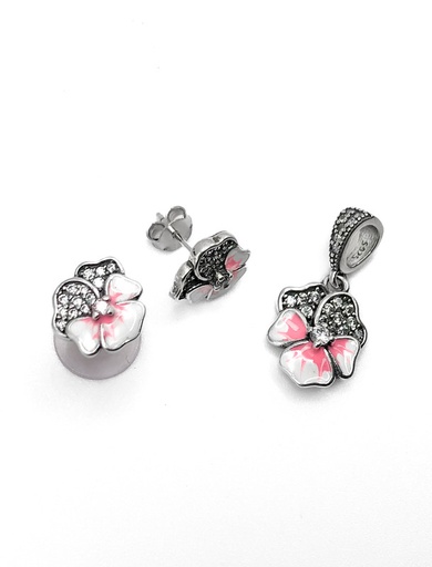 [S0202] Juegos plata flor pensamiento esmaltada roja a presion