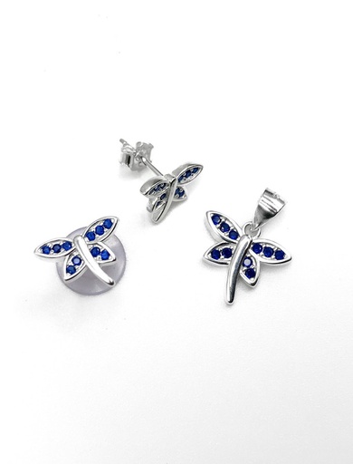 [S0206] Juegos plata libelula piedra azul a presion