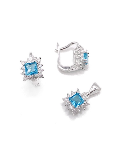 [S0217] Juegos plata cuadrado circon turquesa patente