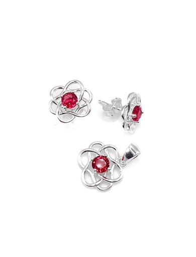 [S0230] Juegos plata flor entrelazada piedra fuccia a presion