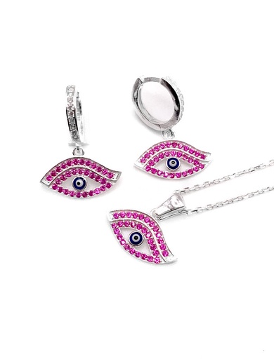 [S0244] Juegos plata ojo turco collar enjoye fuccia blanco hugguies