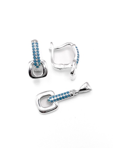 [S0249] Juegos plata tipo hebilla circon turquesa patente