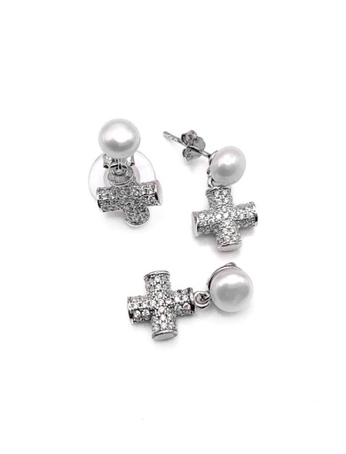 [S0259] Juegos plata cruz enjoyada con perlas a presion