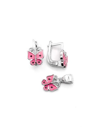 [S0262] Juegos plata mariposa esmaltada rosada patente