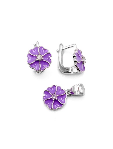 [S0265] Juegos plata flor esmaltada lila patente