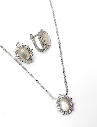 [S0279] Juegos plata ovalado collar piedra ojo de gato patente