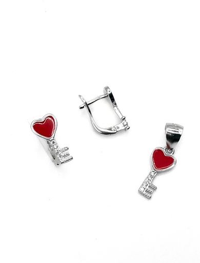 [S0281] Juegos plata llave corazon esmaltado rojo circon patente