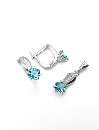 [S0305] Juegos plata redondo circon celeste tira ovalada patente