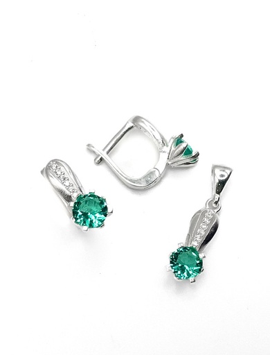 [S0307] Juegos plata redondo circon verde tira ovalada patente