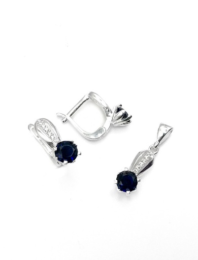 [S0309] Juegos plata redondo circon azul tira ovalada patente