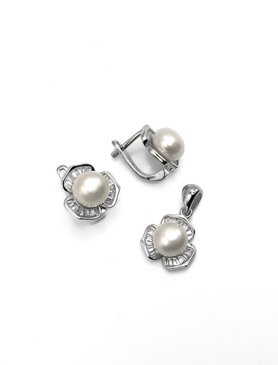 [S0327] Juegos plata flor petalos perla baguett patente
