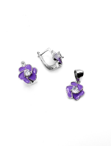 [S0333] Juegos plata flor esmaltada lila patente