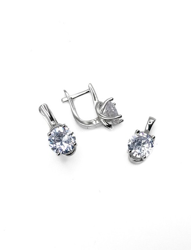 [S0345] Juegos plata circon redondo blanco patente