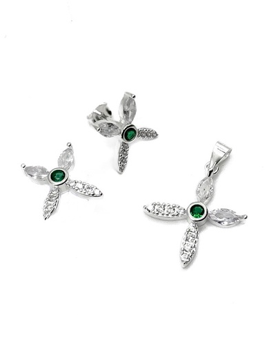 [S0350] Juegos plata cruz circon verde central a presion