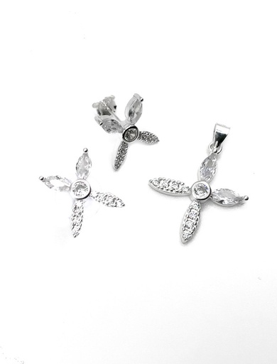 [S0354] Juegos plata cruz circon blanco central a presion