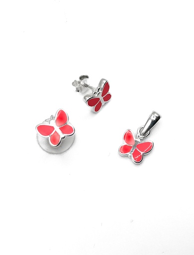 [S0355] Juegos plata mariposa esmaltada fuccia a presion