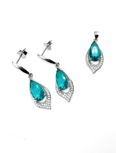 [S0365] Juegos plata gota turquesa punta circon largo a presion