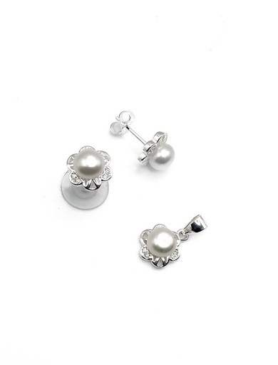 [S0384] Juegos plata flor perla circon a presion
