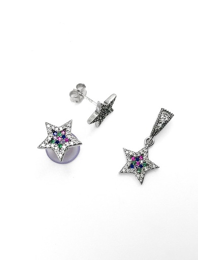 [S0392] Juegos plata estrellas circon multicolor a presion