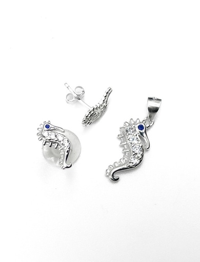 [S0398] Juegos plata caballo de mar circon negro a presion