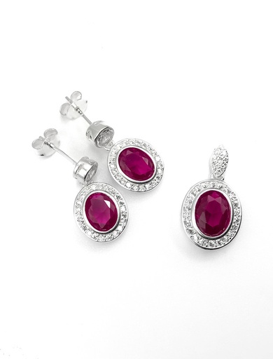 [S0422] Juegos plata redondo piedra roja circon a presion