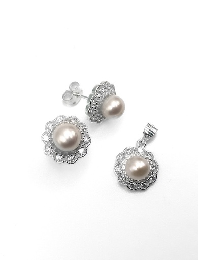 [S0424] Juegos plata flor enjoye perla a presion