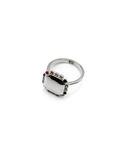 [R0778] Anillos plata cuadrado grande liso en medio y alrededor piedras colores