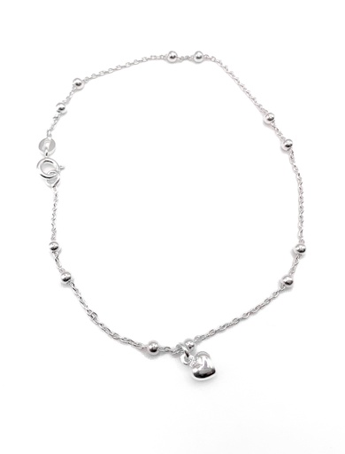 [B0037] Pulseras plata Tobillera corazones y bolitas colgantes