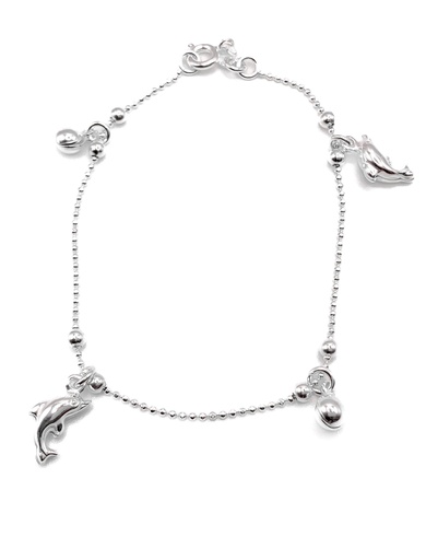 [B0040] Pulseras plata Delfines y bolitas colgantes grandes
