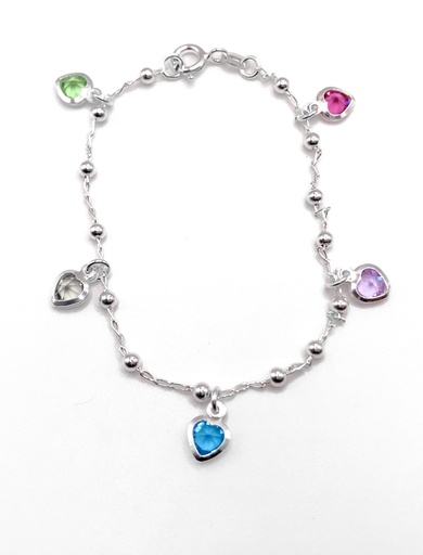 [B0042] Pulseras plata corazones de piedras multicolores colgantes
