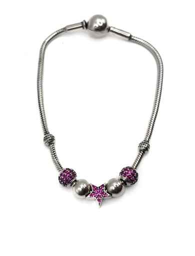 [B0046] Pulseras plata dijes estrella y bolas de fuego fucsias